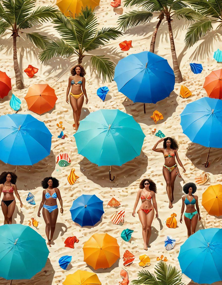 A vibrant beach scene featuring diverse individuals of all body types confidently showcasing stylish swimwear, surrounded by colorful beach umbrellas and crystal-clear waves. The atmosphere radiates positivity and self-love, with warm sunlight illuminating the scene. Incorporate tropical elements like palm trees and seashells to emphasize the beach setting. super-realistic. vibrant colors. sunny background.
